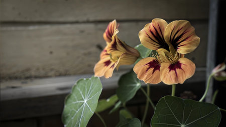 Close-up of two orange and red nasturtium flowers with round, green leaves in the background.