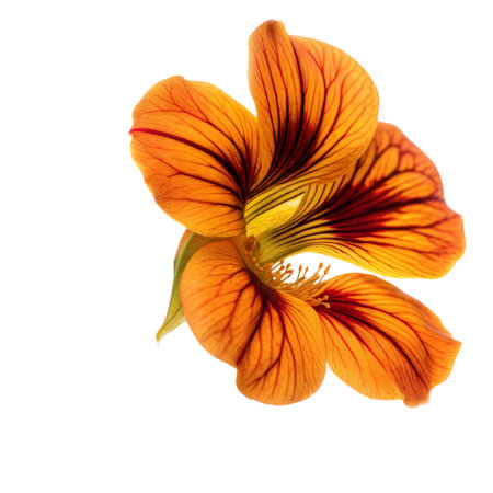 Close-up of a single orange flower with red veins, isolated on a black background. The intricate details of the petals are visible.の写真素材