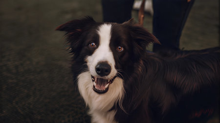 A happy Border Collie looks directly at the camera with its mouth open.の写真素材