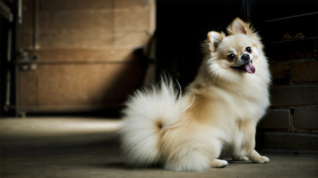 Adorable Pomeranian dog sitting in a rustic setting, tongue out.の写真素材