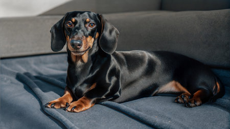 A black and tan Dachshund dog lounges on a gray sofa, enjoying the sunlight.  The dog is alert and looks directly at the camera.の写真素材
