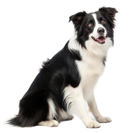 A charming Border Collie puppy sits against a black background, showcasing its beautiful black and white fur.の写真素材