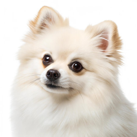 Close-up portrait of a fluffy Pomeranian dog. The dog has a soft, white coat and big, expressive eyes.の写真素材