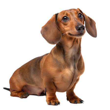 A cute red dachshund puppy sitting and looking up.の写真素材
