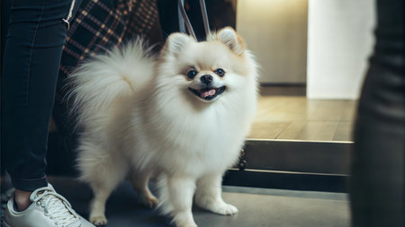 A cute, fluffy Pomeranian puppy stands patiently beside its owner, looking directly at the camera.の写真素材