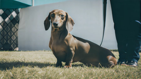 A brown Dachshund sits on a grassy lawn, looking directly at the camera.  The dog is well-groomed and appears healthy.の写真素材