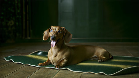 An adorable brown Dachshund lies on a green mat, tongue out, in a dimly lit room.