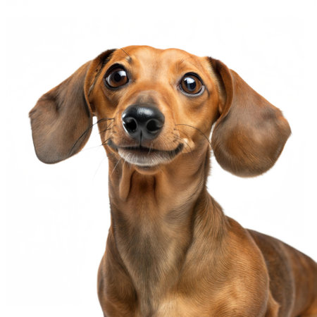 Close-up portrait of a brown Dachshund dog looking directly at the camera with an expressive look.の写真素材