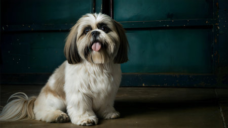 A happy Shih Tzu dog sitting in front of a teal door, tongue out.
