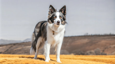 A beautiful Border Collie stands in a field, looking directly at the camera. The background is blurred, creating a stunning portrait.の写真素材