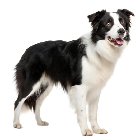 A beautiful Border Collie dog standing against a black background. The dog is mostly black and white and has a long coat.の写真素材