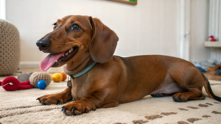 An adorable red dachshund puppy lies on a rug, tongue out, enjoying some downtime. Toys are scattered nearby.の写真素材