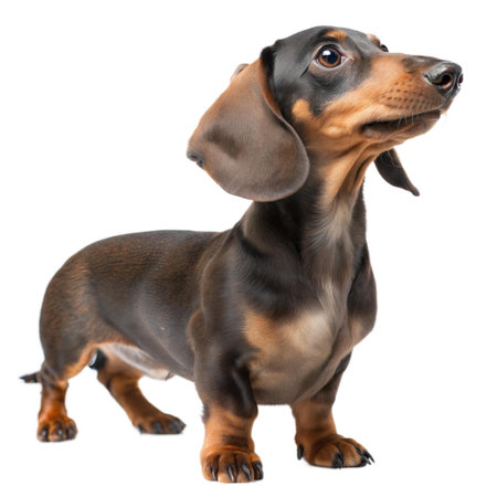 A charming brown and black Dachshund puppy stands, looking attentively upward.の写真素材