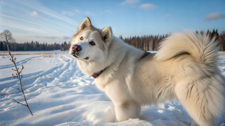 A beautiful, fluffy white dog stands in a snowy field, looking towards the horizon. The sun shines...