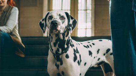 A Dalmatian dog stands alertly, looking directly at the camera. The dog is indoors, near a window...