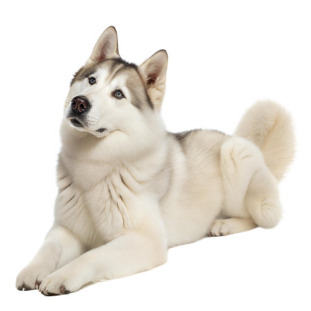 A fluffy Siberian Husky lies down, looking attentively upward. The dog is mostly white with gray markings.の写真素材