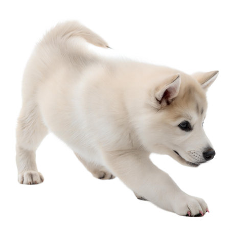 A fluffy white puppy stretches its paws, showcasing its soft fur and playful nature.の写真素材