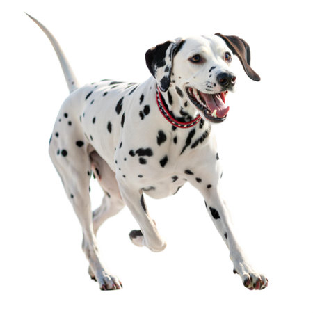 A Dalmatian dog runs joyfully, tongue out, against a black background.の写真素材