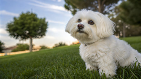 A fluffy white Maltese dog sits in the grass of a park, looking towards the sky.
