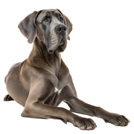 A beautiful Great Dane lies down on a black background. The dog is looking up and to the side.の写真素材