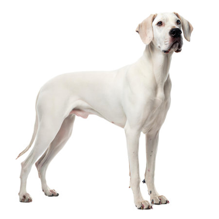A white Portuguese Podengo dog stands against a black background. The dog is looking to the right of the frame.の写真素材