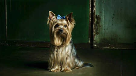 A Yorkshire Terrier sits against a dark green background, wearing a blue bow. The image is well-lit and the dog is in focus.の写真素材