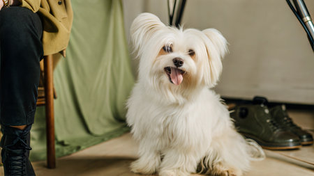 A small, fluffy white dog sits on the floor, tongue out. It looks happy and playful. The background is blurry.の写真素材