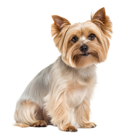 A cute Yorkshire Terrier puppy sitting and looking at the camera. The dog has long, silky fur and is well-groomed.の写真素材