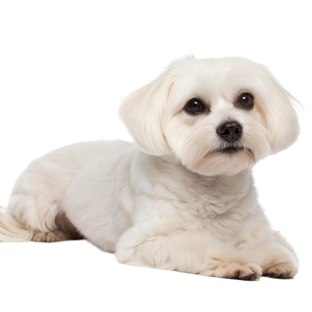 A fluffy white Maltese puppy lies down, looking attentively at the camera. Its fur is neatly groomed, and its dark eyes are captivating.の写真素材