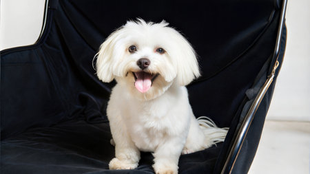 A cute, fluffy Maltese dog sits in a black chair, tongue out, looking happy and playful.の写真素材