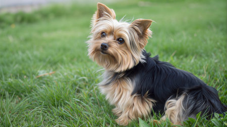 A Yorkshire Terrier sits in the grass, looking directly at the camera. Its fur is a mix of tan and black.の写真素材
