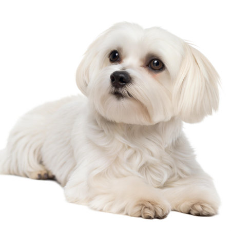 A fluffy white Maltese dog lies down, looking attentively at something.の写真素材