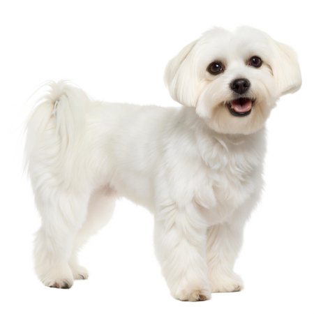 A happy, fluffy Maltese dog stands against a black background.の写真素材