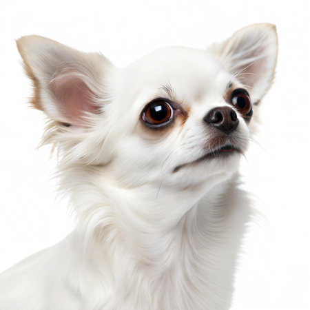 Close-up portrait of a fluffy white Chihuahua puppy with big, expressive eyes.の写真素材