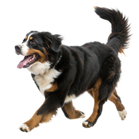 A Bernese Mountain Dog runs joyfully, its fur flowing in the wind. The dog's expression is one of happiness and energy.の写真素材