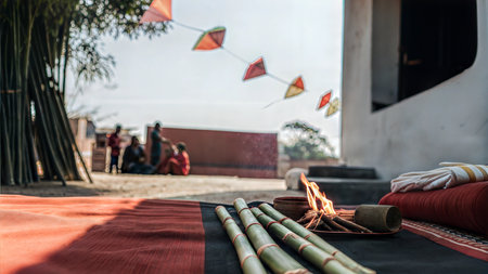 Bamboo stalks and a small fire sit on a red and black fabric, with people and kites in the background. Ai generatedの素材