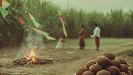 Close-up of round, cocoa-dusted treats, with a blurred background of people and a bonfire in a field. Ai generatedの素材
