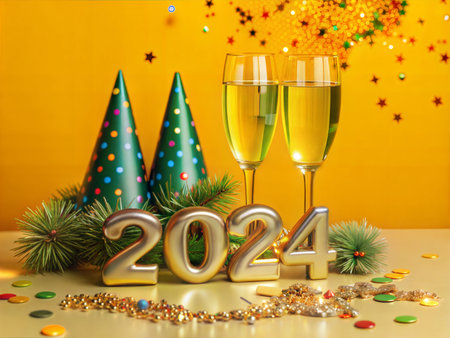 Two champagne flutes filled with bubbly and gold 2024 numbers, festive party hats and ornaments. New Year celebration. Ai generatedの素材
