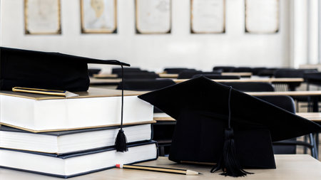 Two black graduation caps rest on a stack of books in an empty classroom, symbolizing education and achievement. Ai generatedの素材