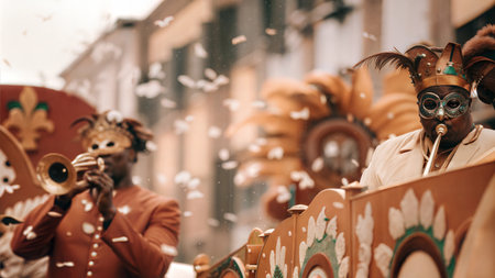 Two men in masquerade costumes play musical instruments during a Mardi Gras parade. Confetti fills the air. Ai generatedの素材