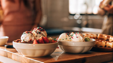 Two bowls of ice cream topped with colorful sprinkles, served with strawberries and waffles in the background. Sweet treat on wooden table. Ai generatedの素材