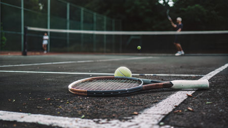 A tennis racket and ball lie on a court, with blurred figures of players in the background.の素材