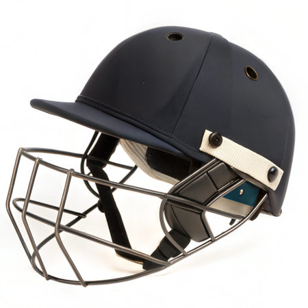 Close-up view of a black cricket helmet with a metal face guard, isolated on a white background.