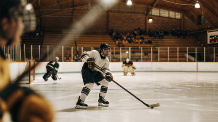 A hockey player skates down the ice, stick in hand, during a game. The background is blurred but shows spectators and other players.の写真素材