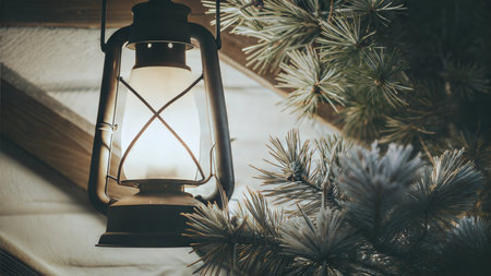 A vintage lantern illuminates pine branches, creating a warm, inviting atmosphere. Perfect for winter or holiday themes.の写真素材