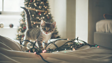 Cute tabby kitten playing amongst Christmas lights on a bed, with a Christmas tree in the background.の写真素材