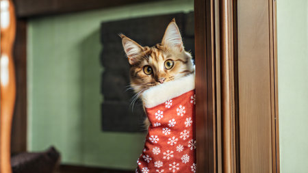 A curious ginger kitten peeks from a red Christmas stocking adorned with snowflakes. A festive winter scene. Ai generatedの素材