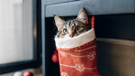 A curious tabby kitten peeks out from a red Christmas stocking hung on a fireplace. Ai generatedの素材