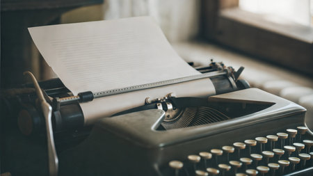 Close-up of an antique typewriter with a blank sheet of paper, ready for writing.  The image evokes nostalgia and classic writing.の写真素材