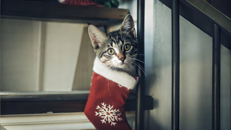 A cute tabby kitten peeks out of a red Christmas stocking on a staircase.の写真素材